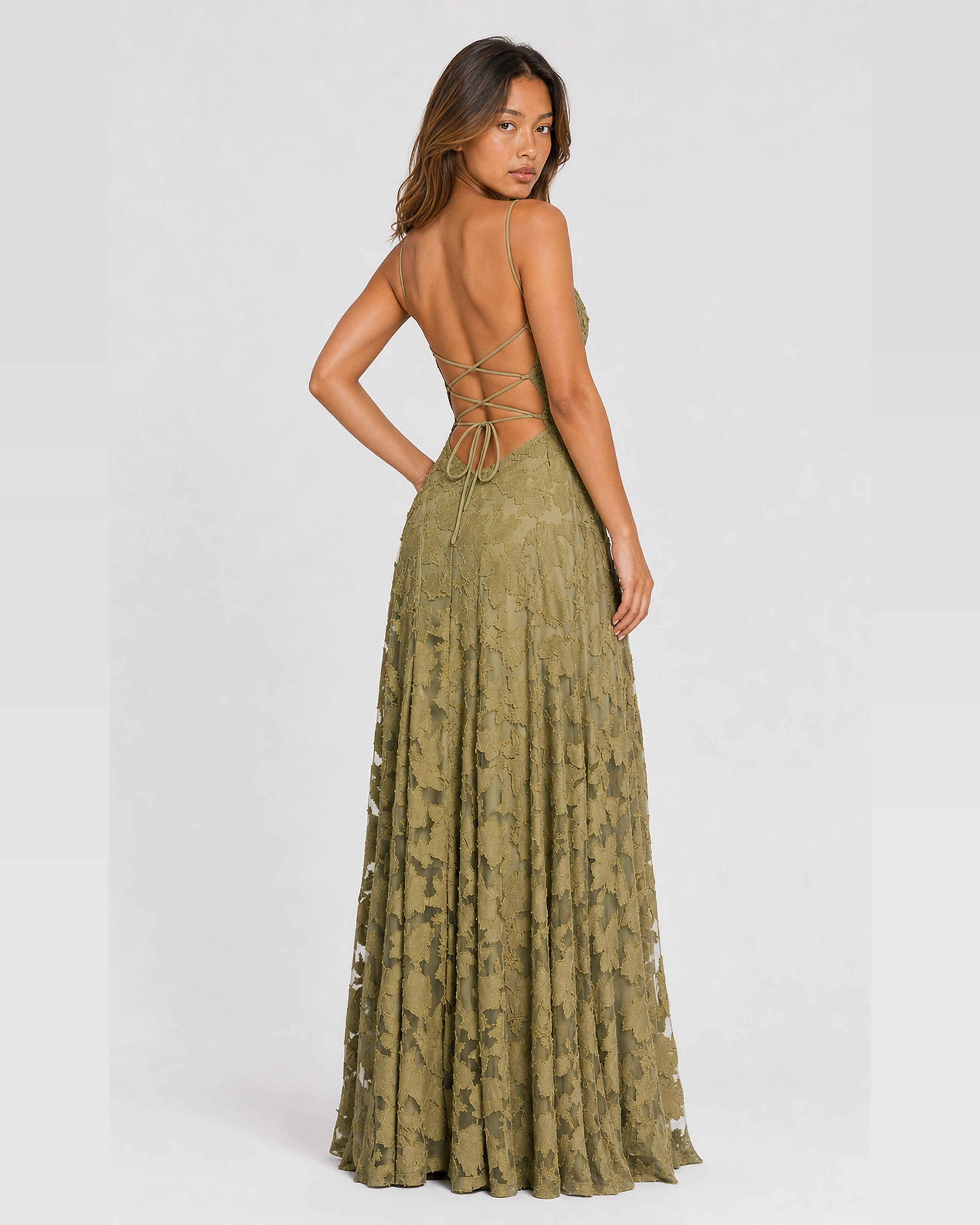 Rosewyn sage green floral burnout maxi gown - back over shoulder