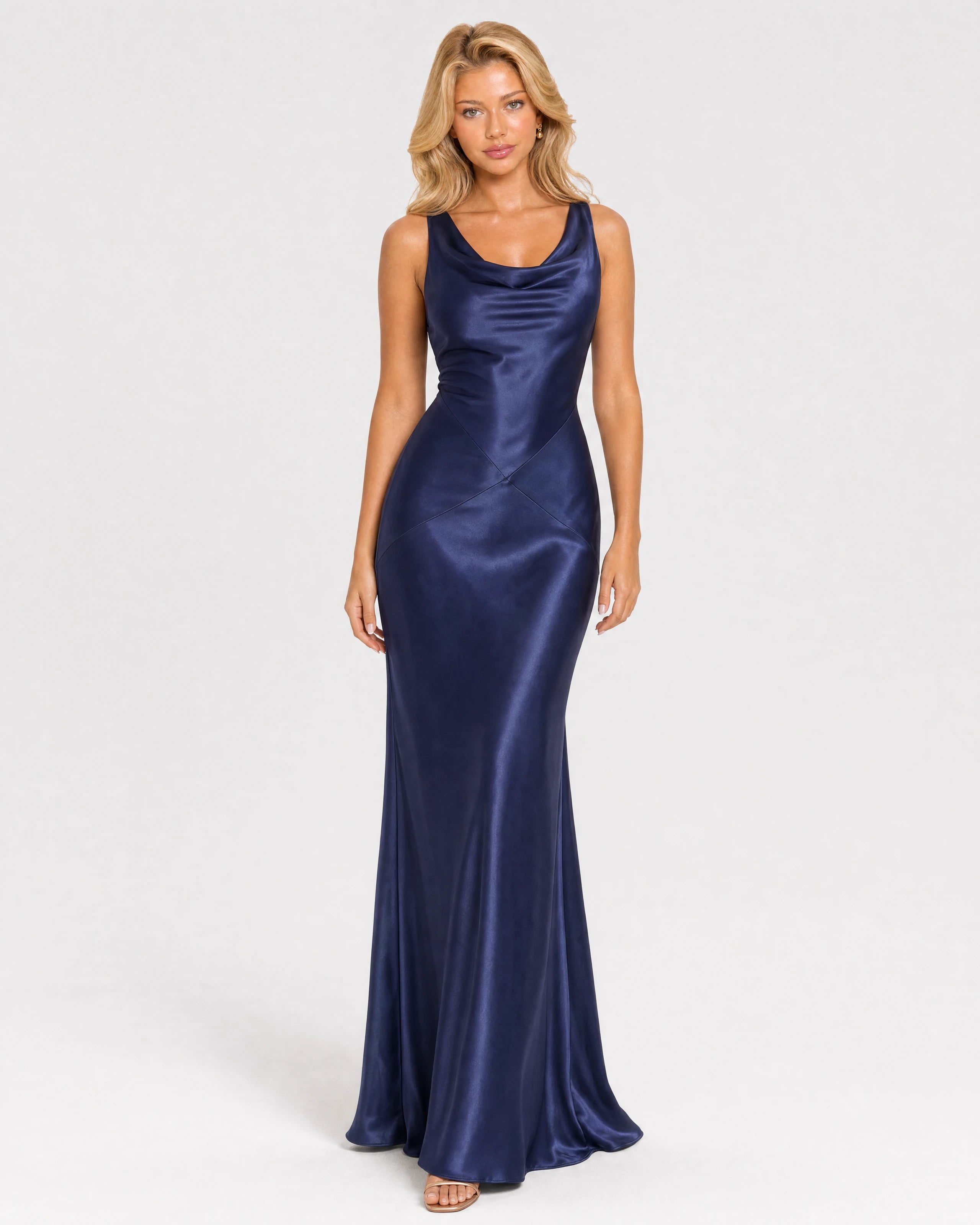 Sabine navy satin cowl neck maxi dress - front