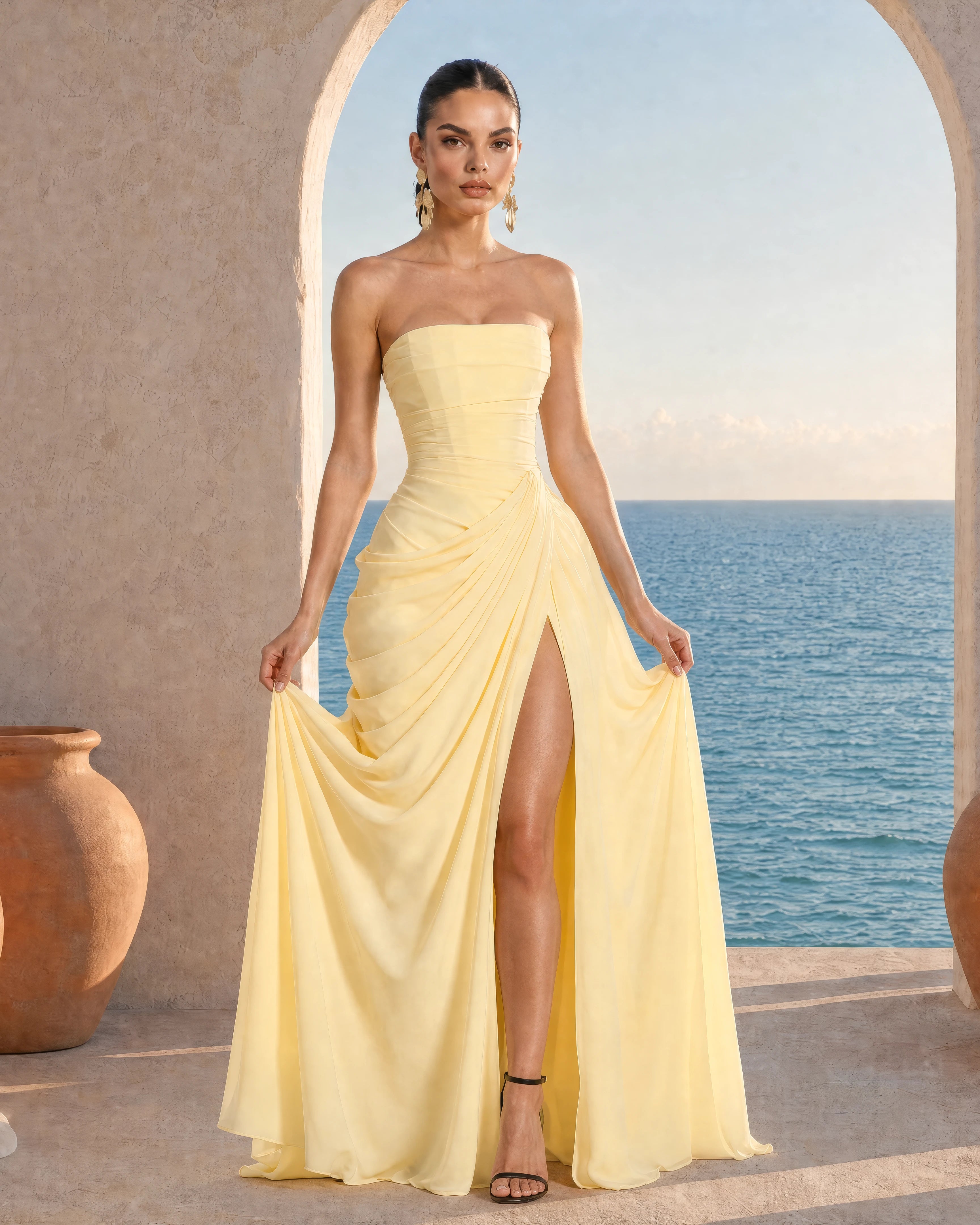 Seraphine butter yellow pleated corset maxi dress