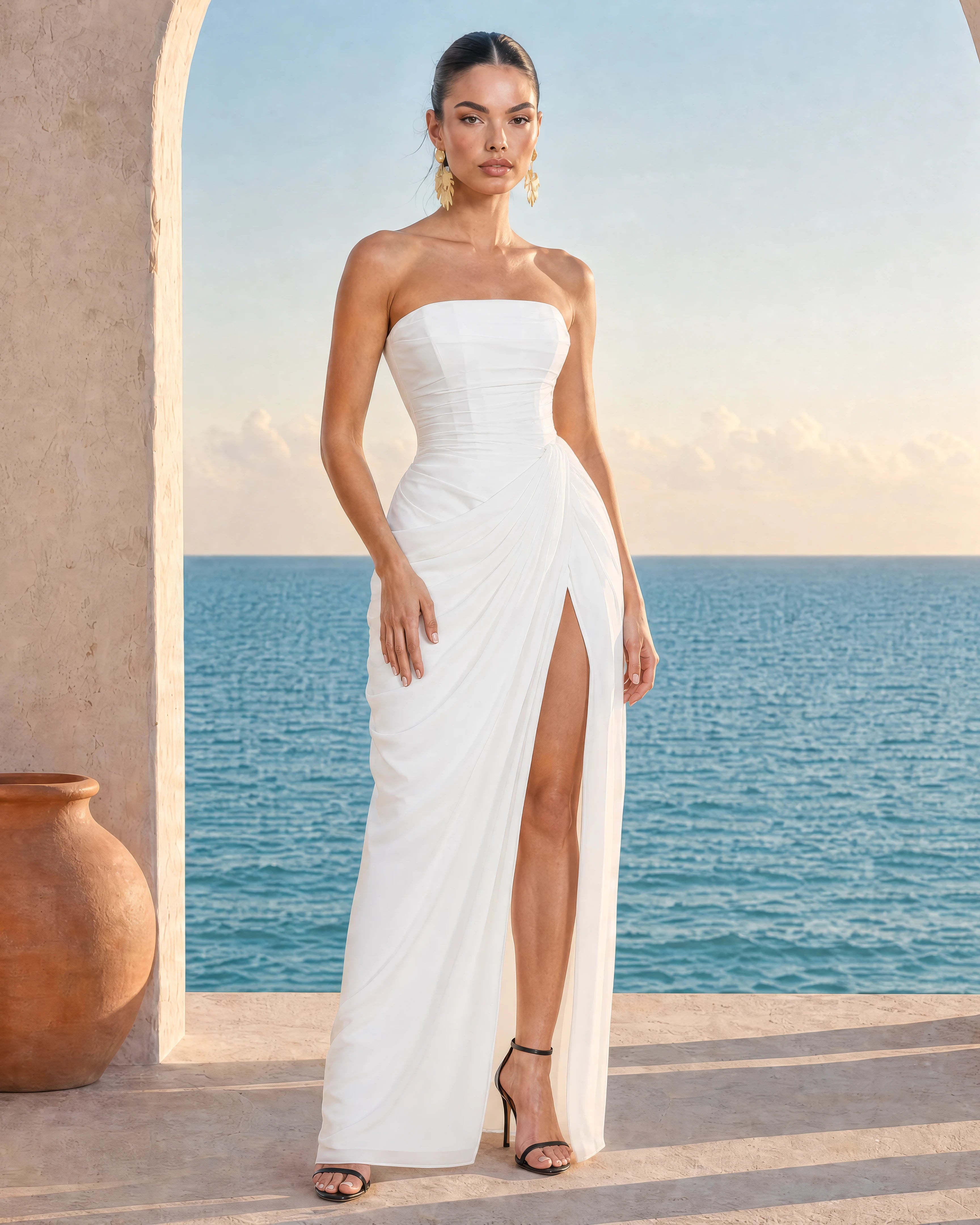 Seraphine white pleated corset maxi dress