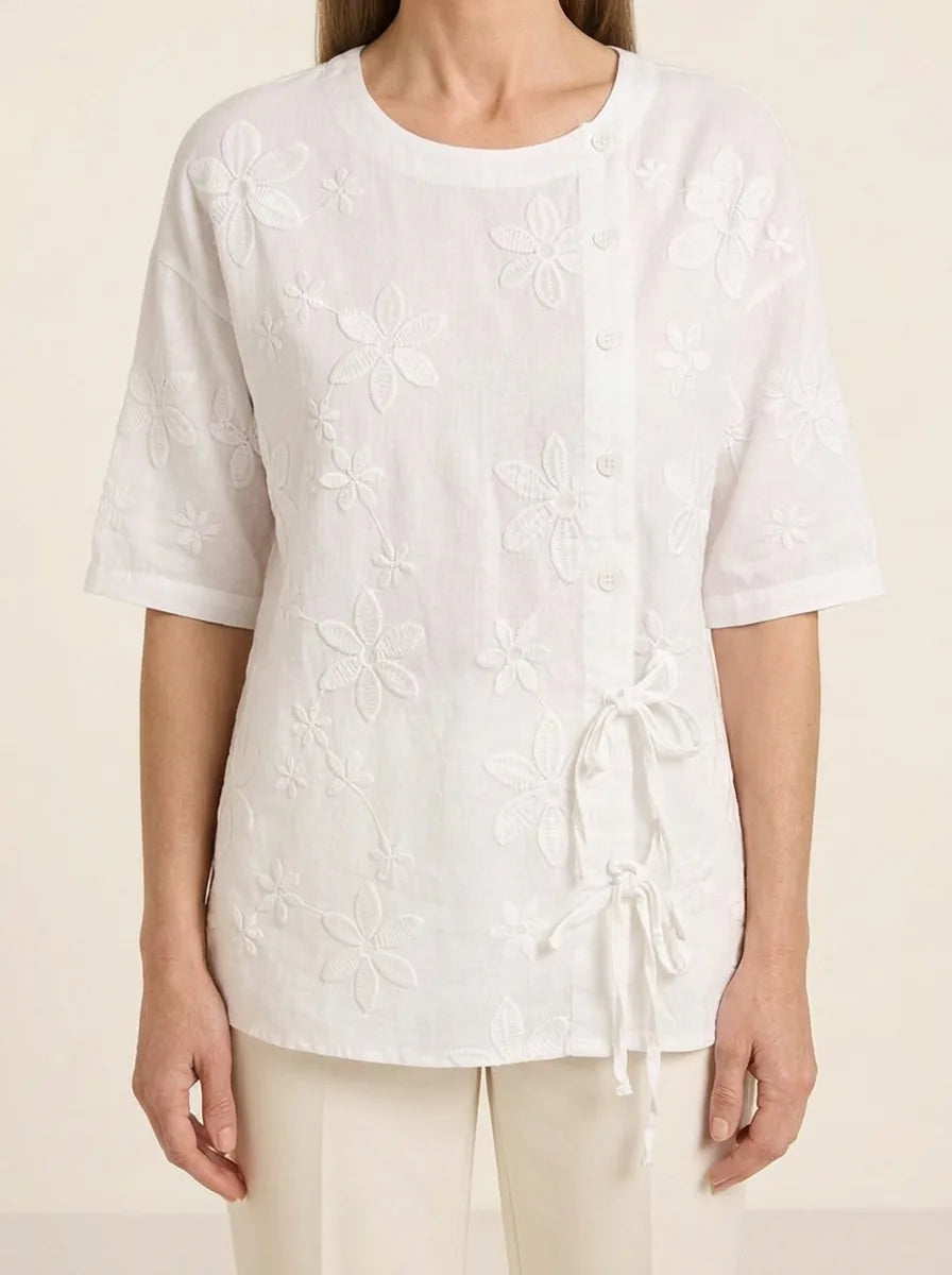 Shira | Embroidered Cotton-Linen Blouse - White - Tillybelle