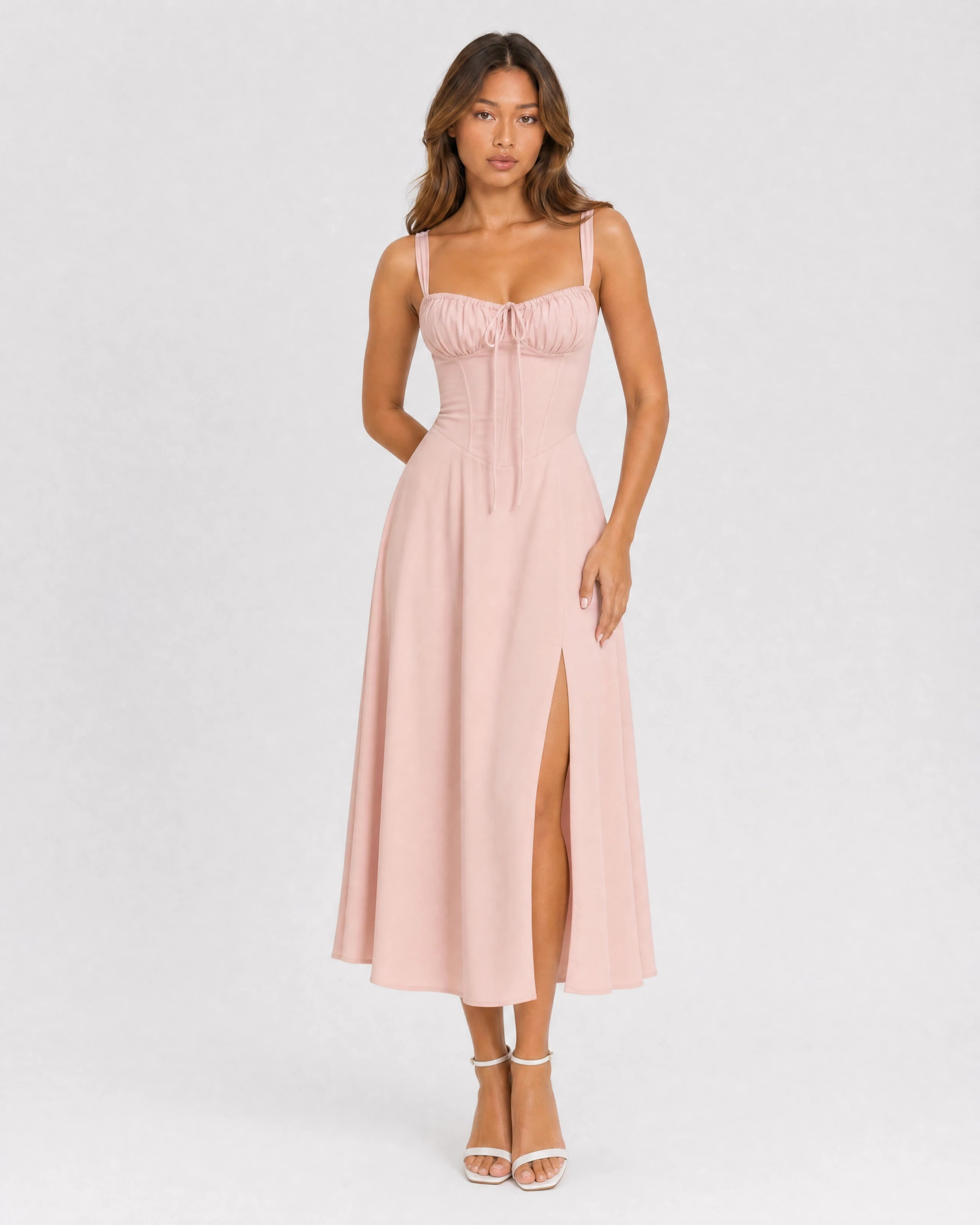 Soleil lace-up corset midi dress in pink, front studio