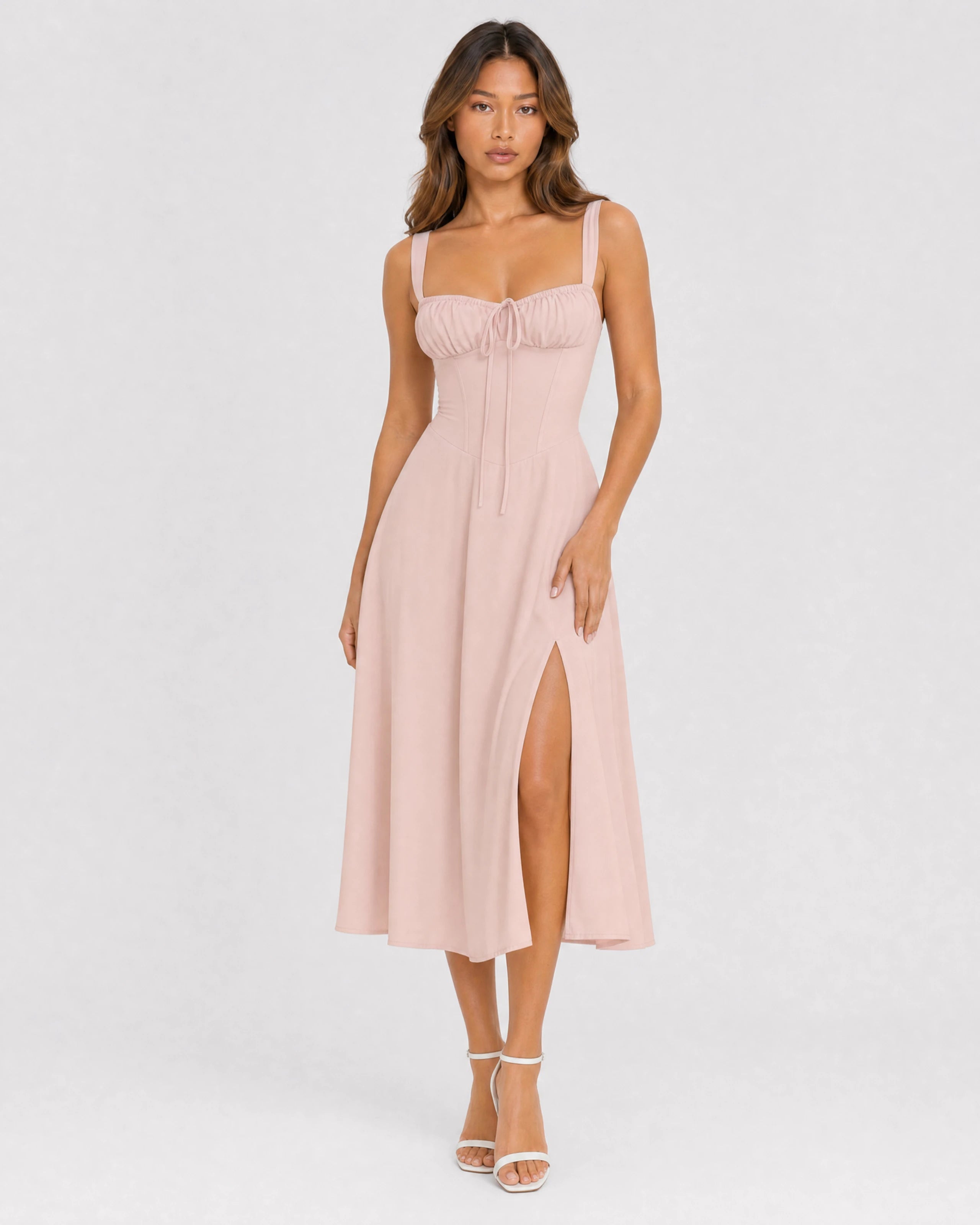 Soleil lace-up corset midi dress in pink, front variant