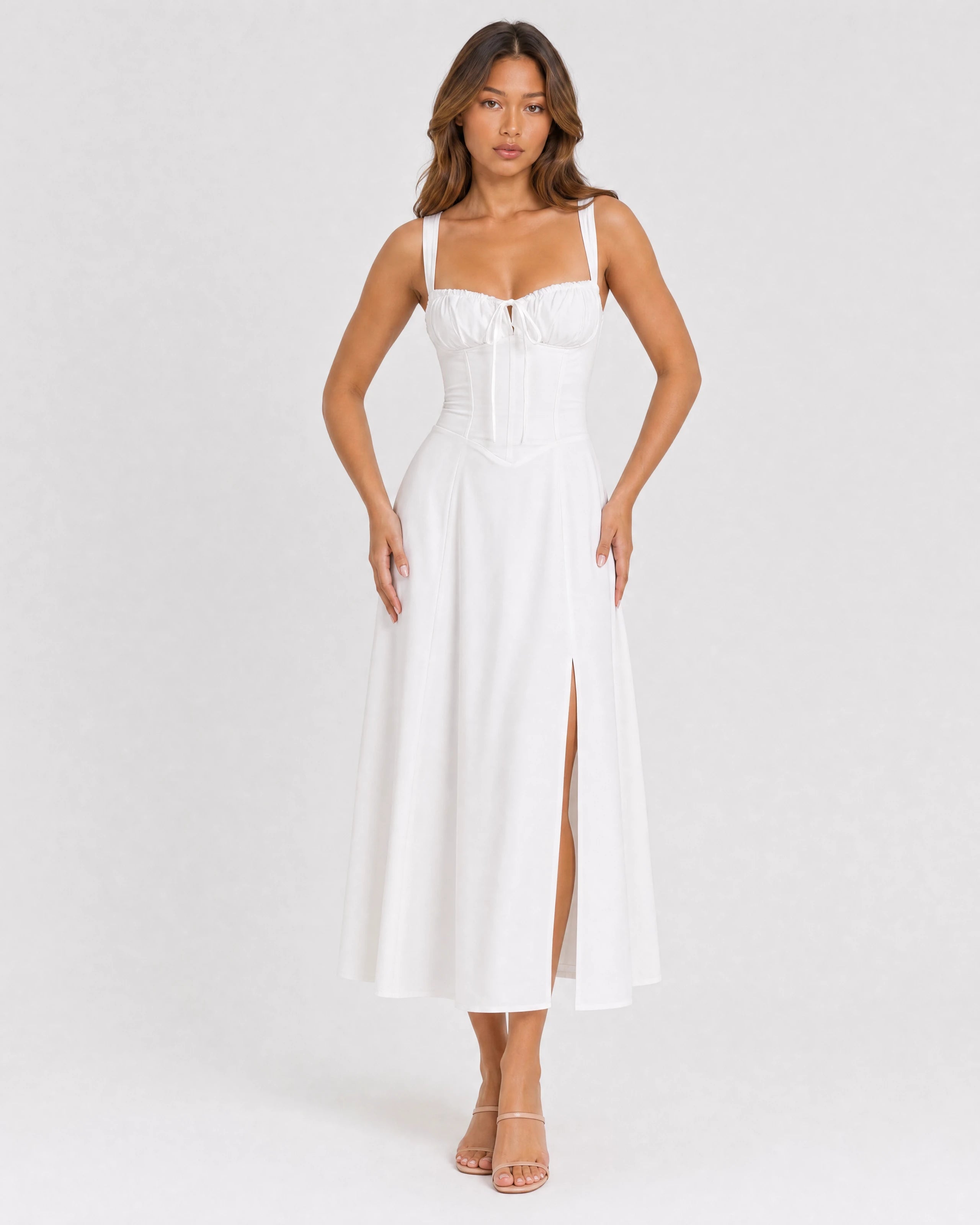 Soleil lace-up corset midi dress in white, front studio
