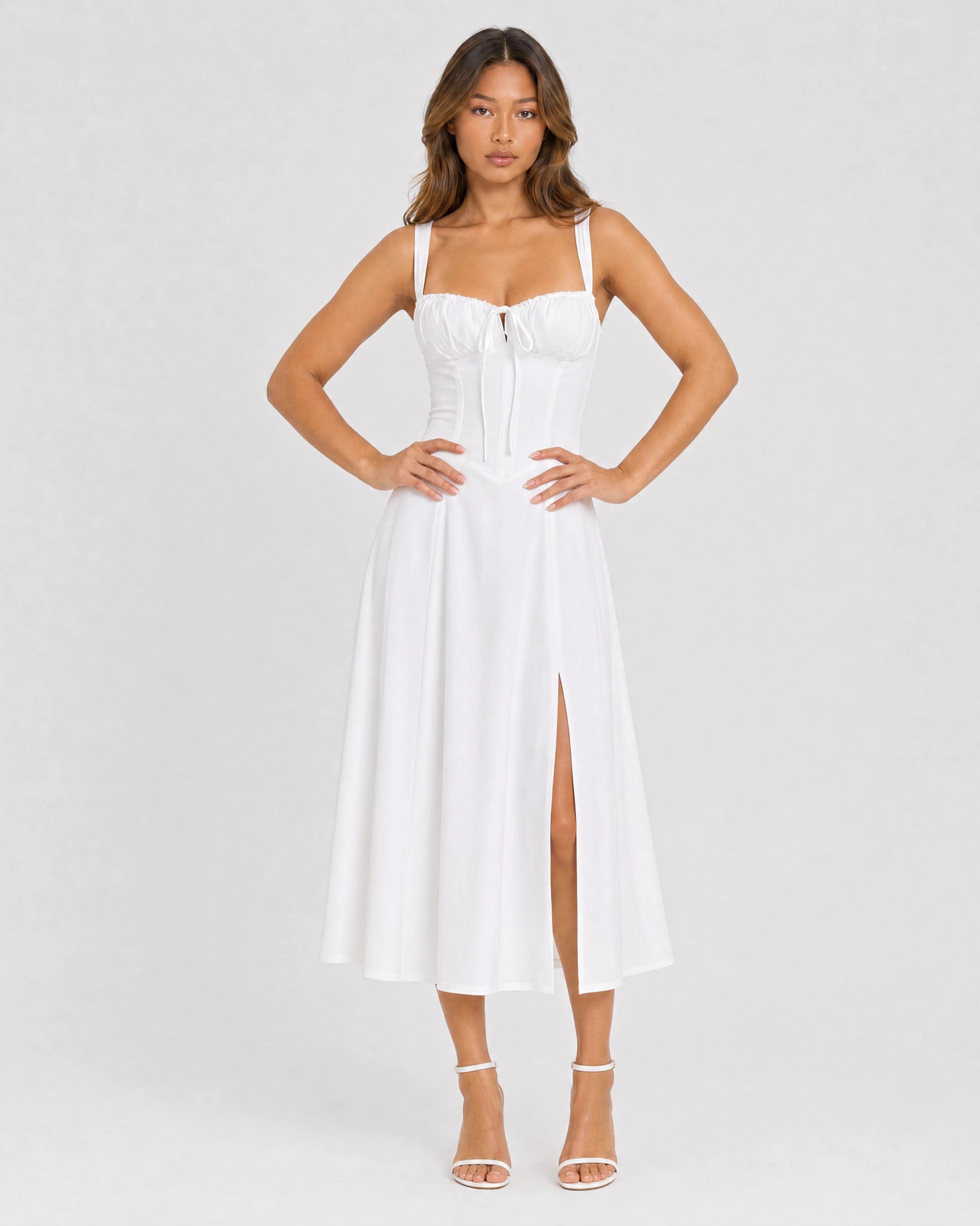 Soleil lace-up corset midi dress in white, front variant