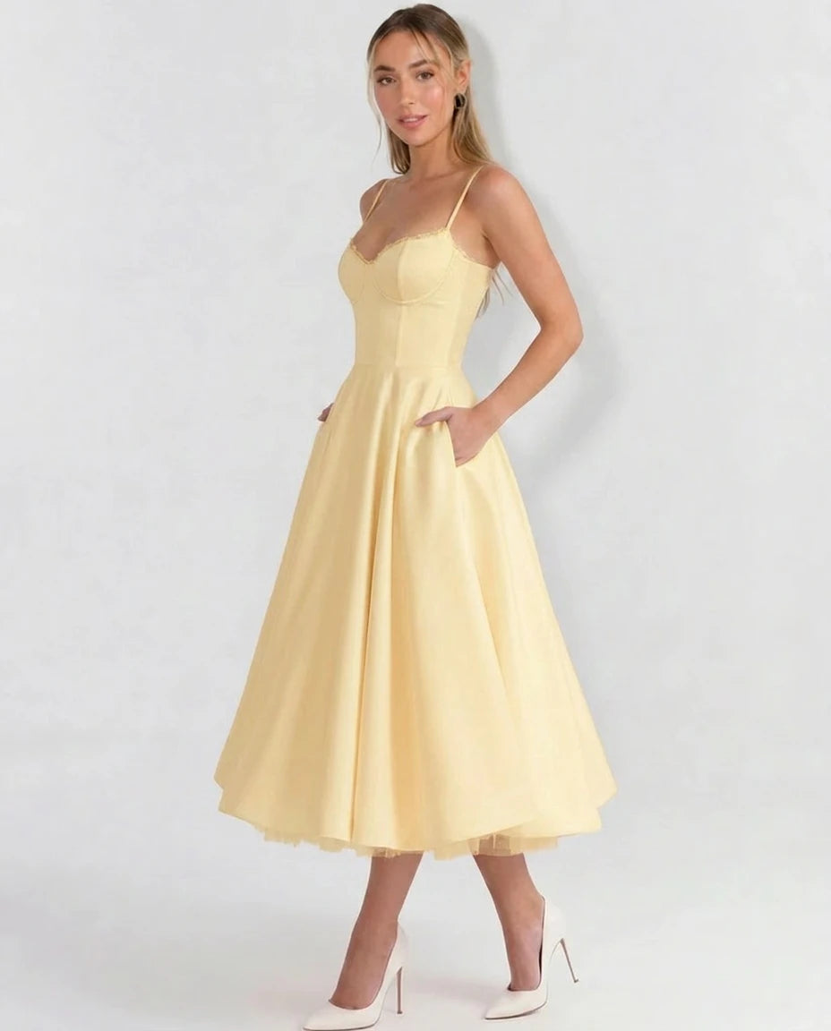 Selene Sweetheart Tulle Midi Dress - Butter Yellow - Tillybelle